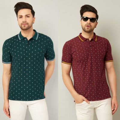 We Perfect Printed Men Polo Neck Green, Maroon T-Shirt