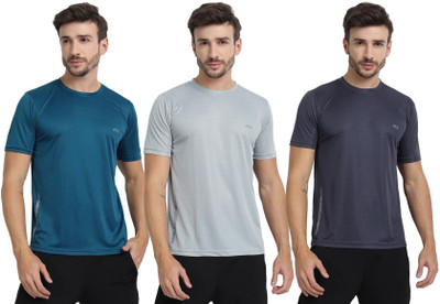 FTX Solid Men Round Neck Silver, Dark Blue, Grey T-Shirt