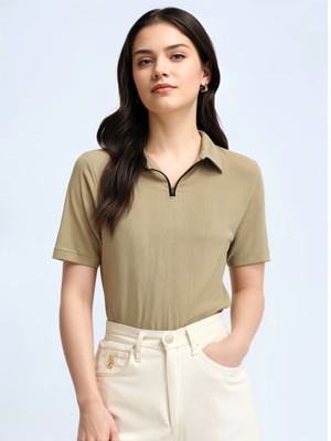 MACK JONNEY Self Design Women Polo Neck Beige T-Shirt