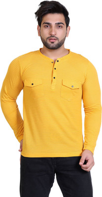 James Hamilton Solid Men Henley Neck Yellow T-Shirt