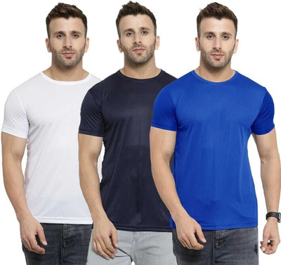 TQH Solid Men Round Neck Dark Blue, White, Blue T-Shirt