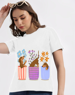 Lecowar Printed Women Round Neck White T-Shirt