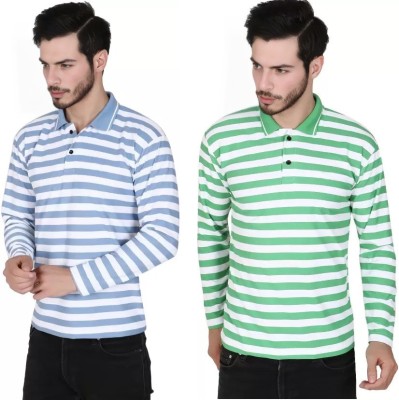 Elite Elegance Apparel Striped Men Polo Neck Blue, Green T-Shirt