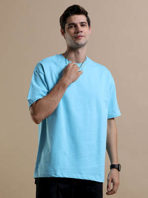 LazyGreg Solid Men Round Neck Light Blue T-Shirt