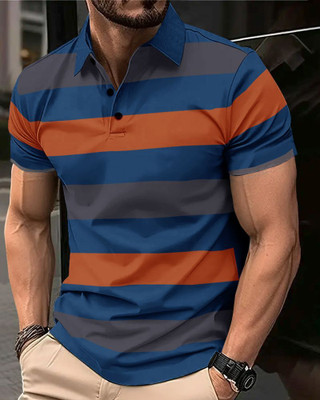 EyeBogler Self Design, Striped Men Polo Neck Orange T-Shirt