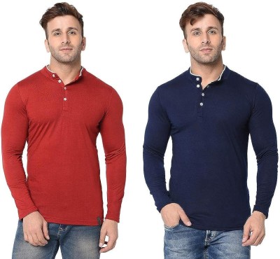 VEELDEAL Solid, Self Design Men Mandarin Collar Red T-Shirt