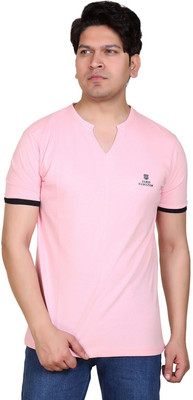 James Hamilton Solid Men V Neck Pink T-Shirt