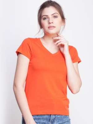 Dollar Missy Solid Women V Neck Orange T-Shirt