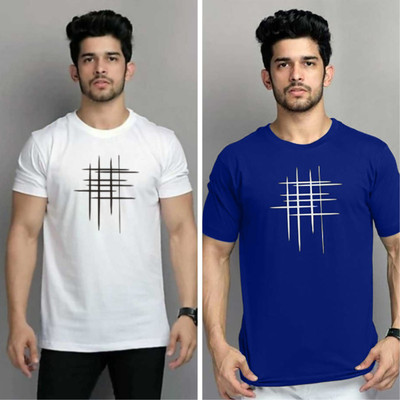 Oishee Printed Men Round Neck Blue, White T-Shirt