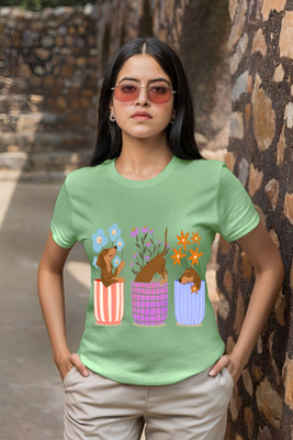 Kasendra Printed Women Round Neck Green T-Shirt