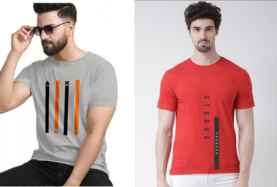Majexic Printed Men Round Neck Grey, Red T-Shirt