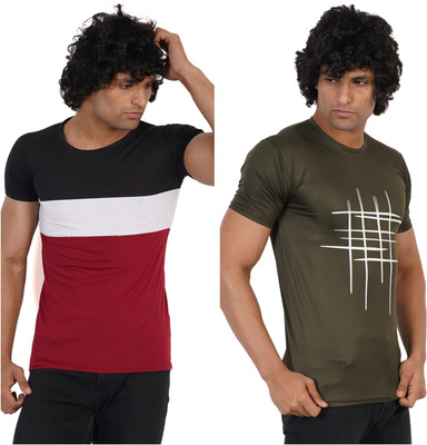 Pachirisu Colorblock Men Round Neck Maroon, Dark Green T-Shirt
