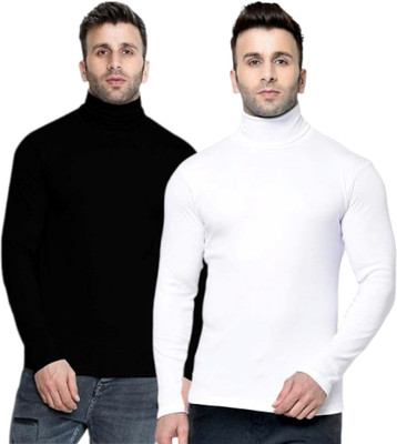 clothyy Solid Men Turtle Neck Black, White T-Shirt