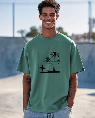 catbunny Printed Men Round Neck Green T-Shirt