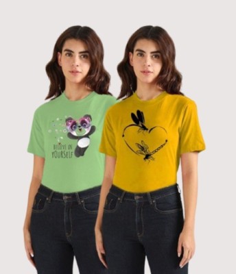 Lecowar Printed Women Round Neck Green, Yellow T-Shirt