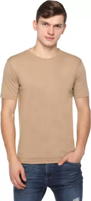 FUNKY GUYS Solid Men Round Neck Beige T-Shirt