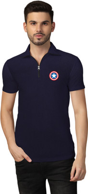 GEUM Printed Men Polo Neck Navy Blue T-Shirt