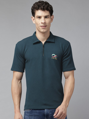 Majexic Self Design Men Polo Neck Dark Blue T-Shirt