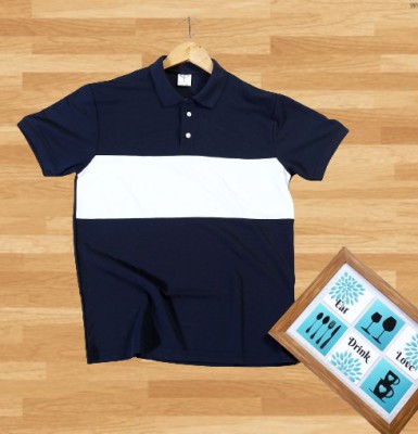 f Gallery Solid Men Polo Neck Blue T-Shirt