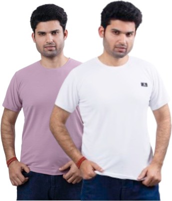 swastika vastram Solid Men Round Neck Purple, White T-Shirt