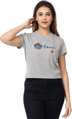 GEE 5 Self Design Women Round Neck Grey T-Shirt