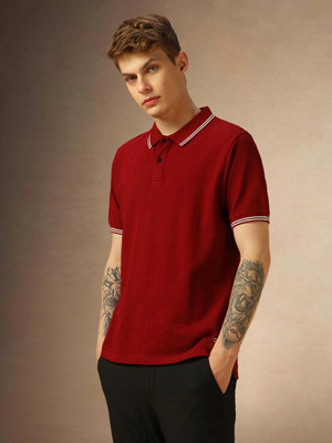 TIGERSNAKE Solid Men Polo Neck Maroon T-Shirt