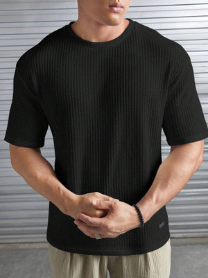 MSA Self Design Men Round Neck Black T-Shirt