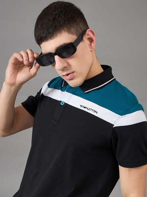 BRONATION Colorblock Men Polo Neck Dark Blue T-Shirt
