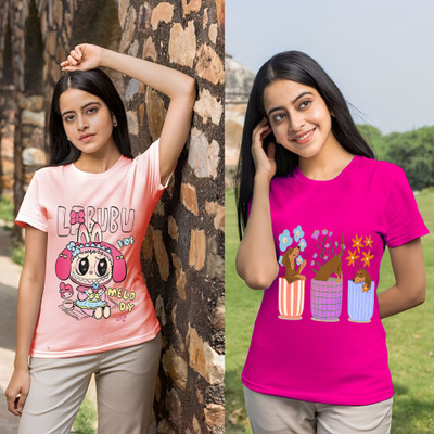 Lecowar Printed Women Round Neck Pink T-Shirt