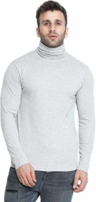 Vuzzan Solid Men High Neck Grey T-Shirt