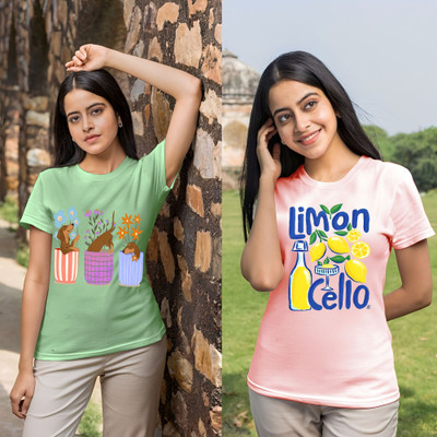 Lecowar Printed Women Round Neck Green, Pink T-Shirt