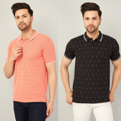 We Perfect Printed Men Polo Neck Pink, Black T-Shirt