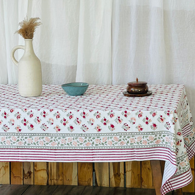 INDUS ART EMPORIUM Cotton 8 Seater Floral Table Cover(Pink)