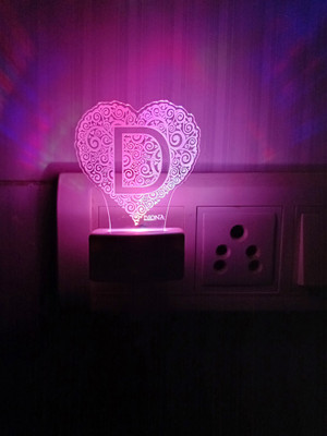 DIONA Alphabet D Heart Shape 3D Illusion Led Multi Color Changing Birthday Gift Night Lamp(10 cm, White)