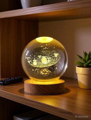 Global Reach 3D Solar System Crystal Ball with Wooden LED Base - Ideal Decoration for Home Night Lamp(8 cm, Yellow)