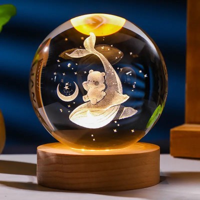 SHOPOGENIX Bear And Dilphin Glowing Crystal Ball Light USB Interface Solid Wood Base Night Lamp(8 cm, Yellow)