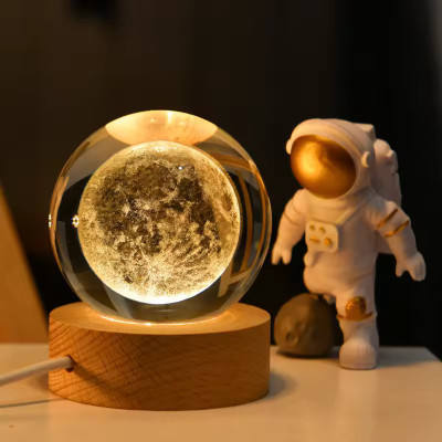 Wengonvila Small Moon Shape 3D Night Glass Ball Table Night Lamp Wood Stand Night Lamp(8 cm, Yellow)