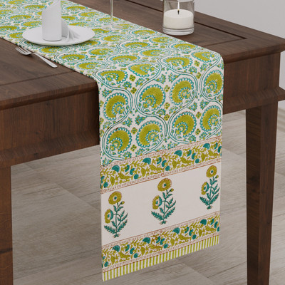 BLOCKS OF INDIA Green 180 cm Table Runner(Canvas)