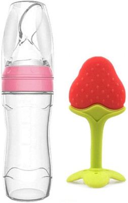 Kidsify Newborn Baby Feeding Bottle Silicone Squeez Feeding Spoon Milk Cereal Training Feeder and Fruit Shape Silicone Teether(Set of 2) Teether and Feeder(Pink,Red)