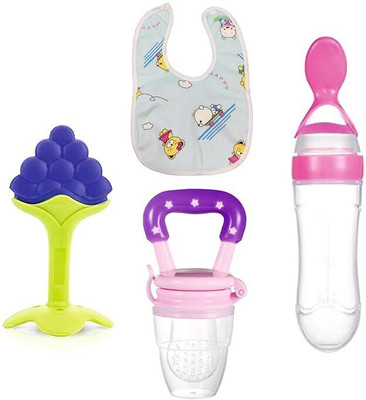 Chicbunny Baby combo of 5pc, feeding with teether, Nibbler, brush with bib Teether and Feeder(Multicolor)