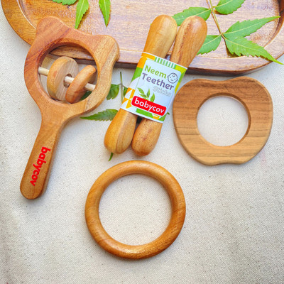 BABYCOV Natural Neem Wood Teether sets for 3+ Months Baby (Set of 5) Teether(Brown)