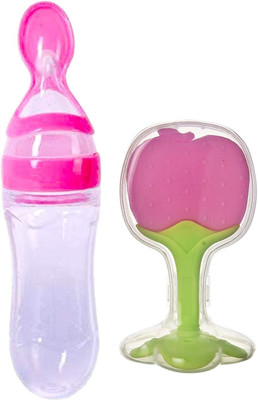 Kidsify Newborn Baby Feeding Bottle Silicone Squeez Feeding Spoon Milk Cereal Training Feeder and Fruit Shape Silicone Teether(Set of 2) Teether and Feeder(Pink)