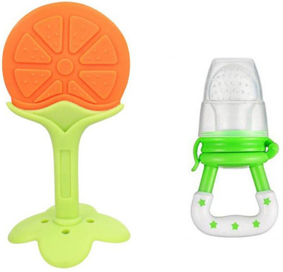 K3NTERPRISES Baby Teething Toys Soft and Natural Fruit Shape Teether Teether and Feeder(Orange, Green)