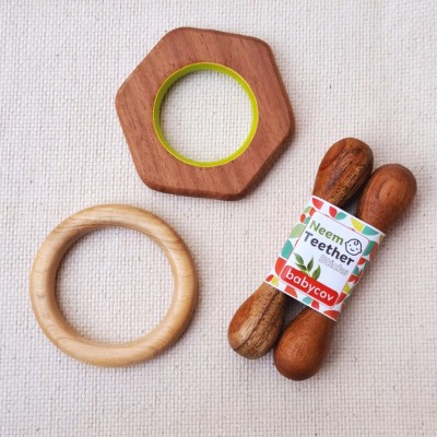 BABYCOV Neem Wood Teethers for Baby| Set of 4 | for 3 Months Baby. (Hexagon Sick Ring) Teether(Brown)