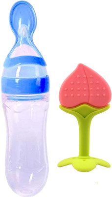 Kidsify Newborn Baby Feeding Bottle Silicone Squeez Feeding Spoon Milk Cereal Training Feeder and Fruit Shape Silicone Teether(Set of 2) Teether and Feeder(Blue,Pink)