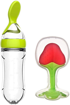 Kidsify Newborn Baby Feeding Bottle Silicone Squeez Feeding Spoon Milk Cereal Training Feeder and Fruit Shape Silicone Teether(Set of 2) Teether and Feeder(Green)
