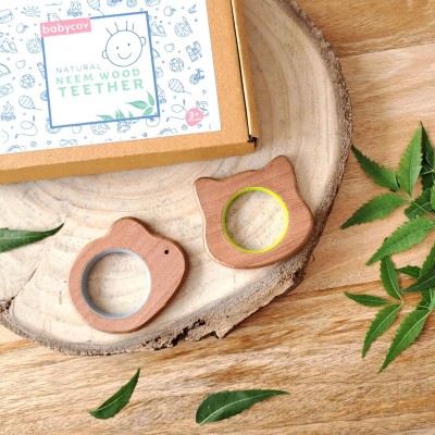 BABYCOV Neem Wood Teethers for Baby | Set of 2 | for 3+ Months Baby. (Mouse & Cat) Teether(Brown)