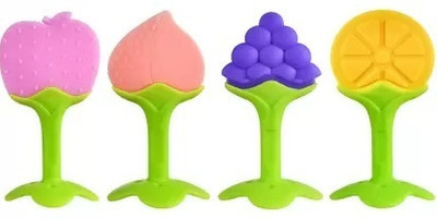 K3NTERPRISES Fruit Teether Shape Silicone FDA-Approved Soft Silicone Teether(Apple, Peach, Grape, Orange)