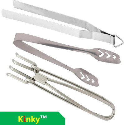 Kinky Stainless Steel Roti and Momo Chimta with Pakkad / 20.5 cm, 5 cm, 5 cm Ice, Roasting, Salad, Serving, Steak, Utility Tong Set(Pack of 3)
