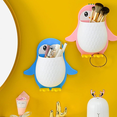Millionminds Pack of 2 Penguin Storage Rack Self-Adhesive Tooth Brush Organizer Storage Box Plastic Toothbrush Holder(Multicolor, Wall Mount)
